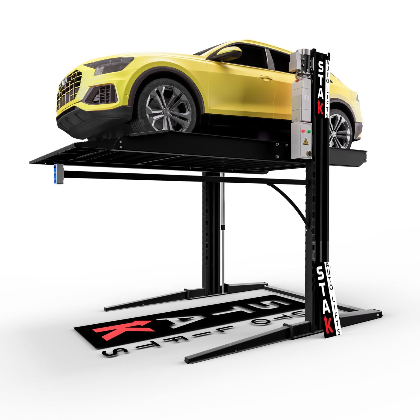 STAK 2-Post Service Lift with yellow SUV raised