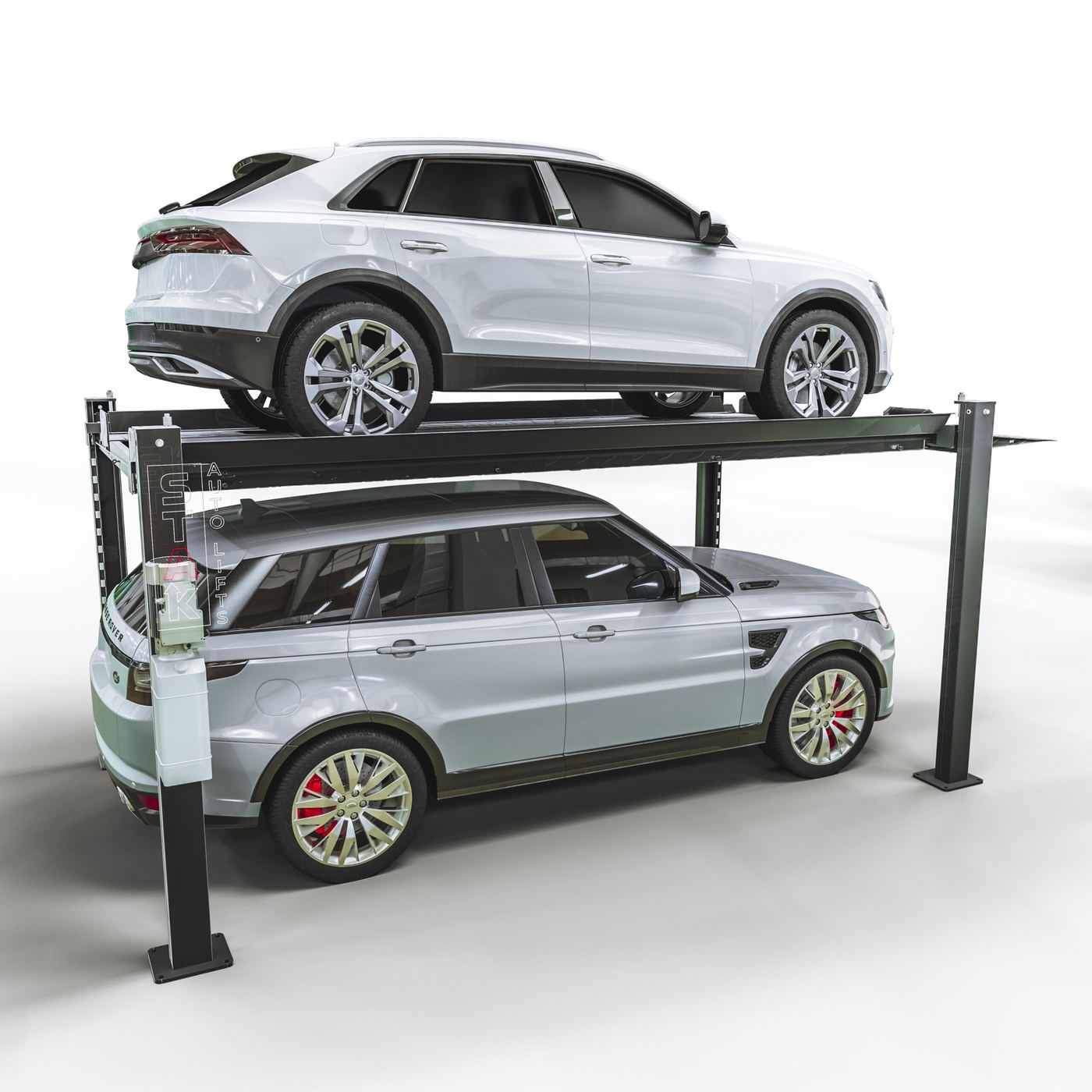 STAK 4-Post Storage Lift with two SUVs stacked